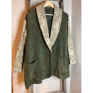 1X, vintage green herringbone design blazer with floral sleeves and lapel.
